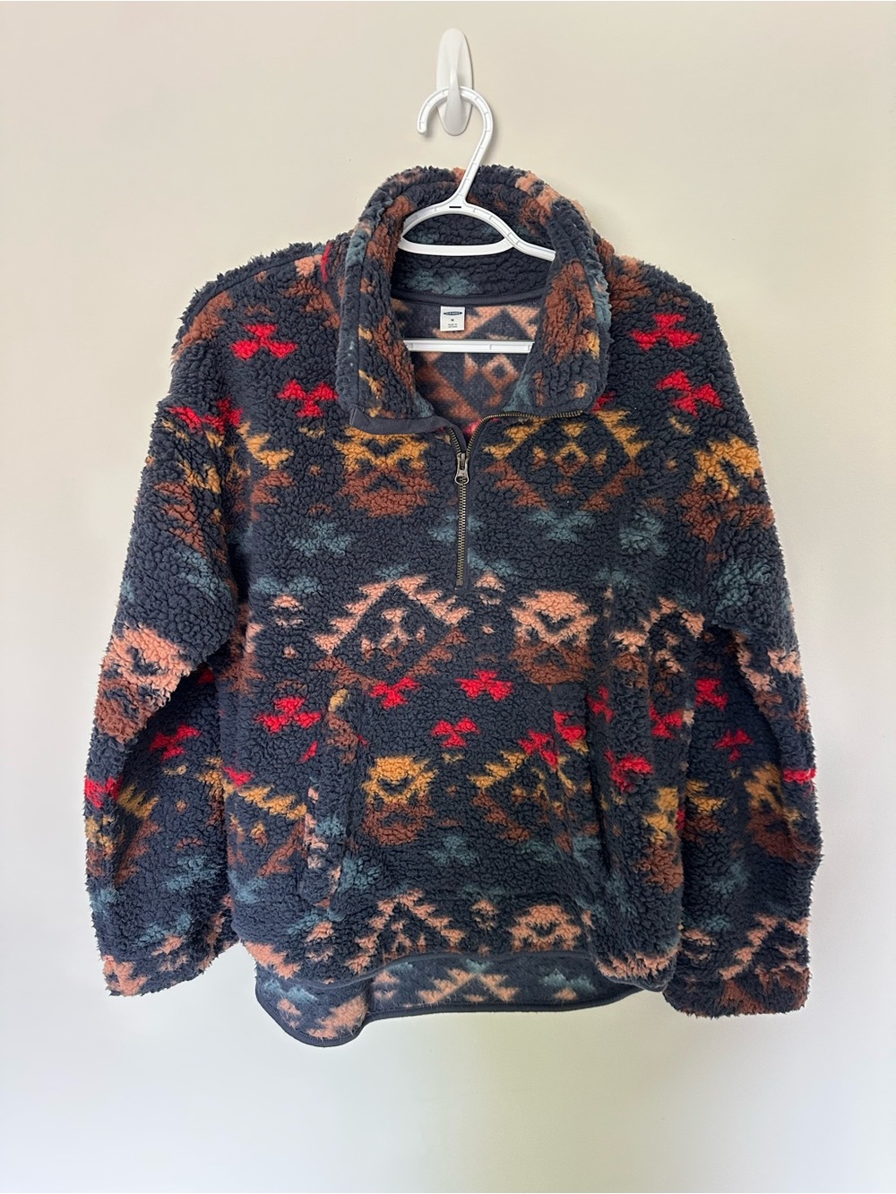 Navy Sherpa Half-Zip Pullover with Multicolor Aztec Pattern